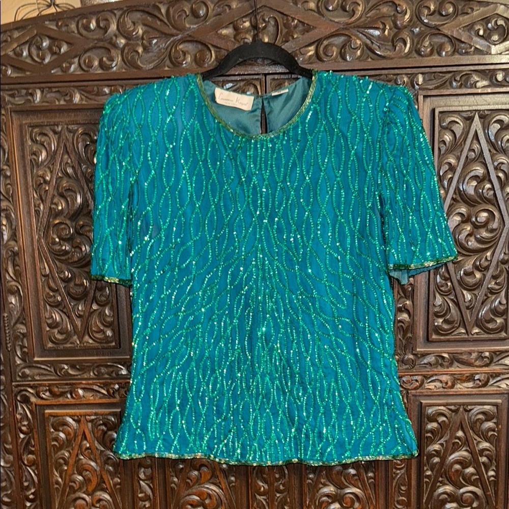 Vintage 1980’s Lawrence Kazar Elegant Emerald Green Sequin Top PM
